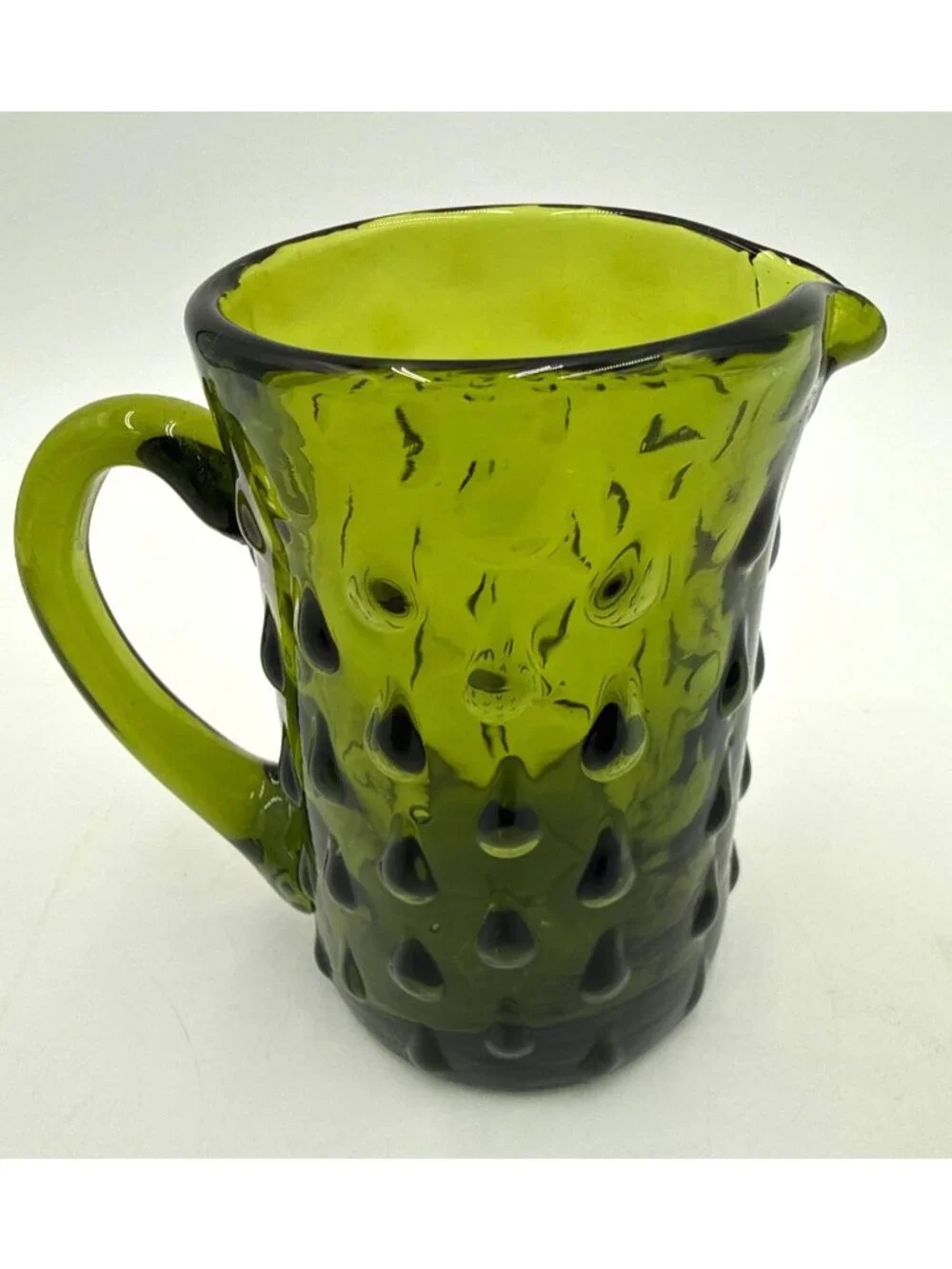 Vtg Handled Small Blown Art Glass Teardrop Pattern Avocado Green Pitcher/Creamer